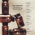 Super Supplements group showing several amber glass supplement bottles arranged in a collage with callout labels for different formulas: SuperBeauty, SuperCell, SuperPower, SuperYou, and SuperHair. The bottles are dark amber with white labeling and the background is a warm beige gradient.