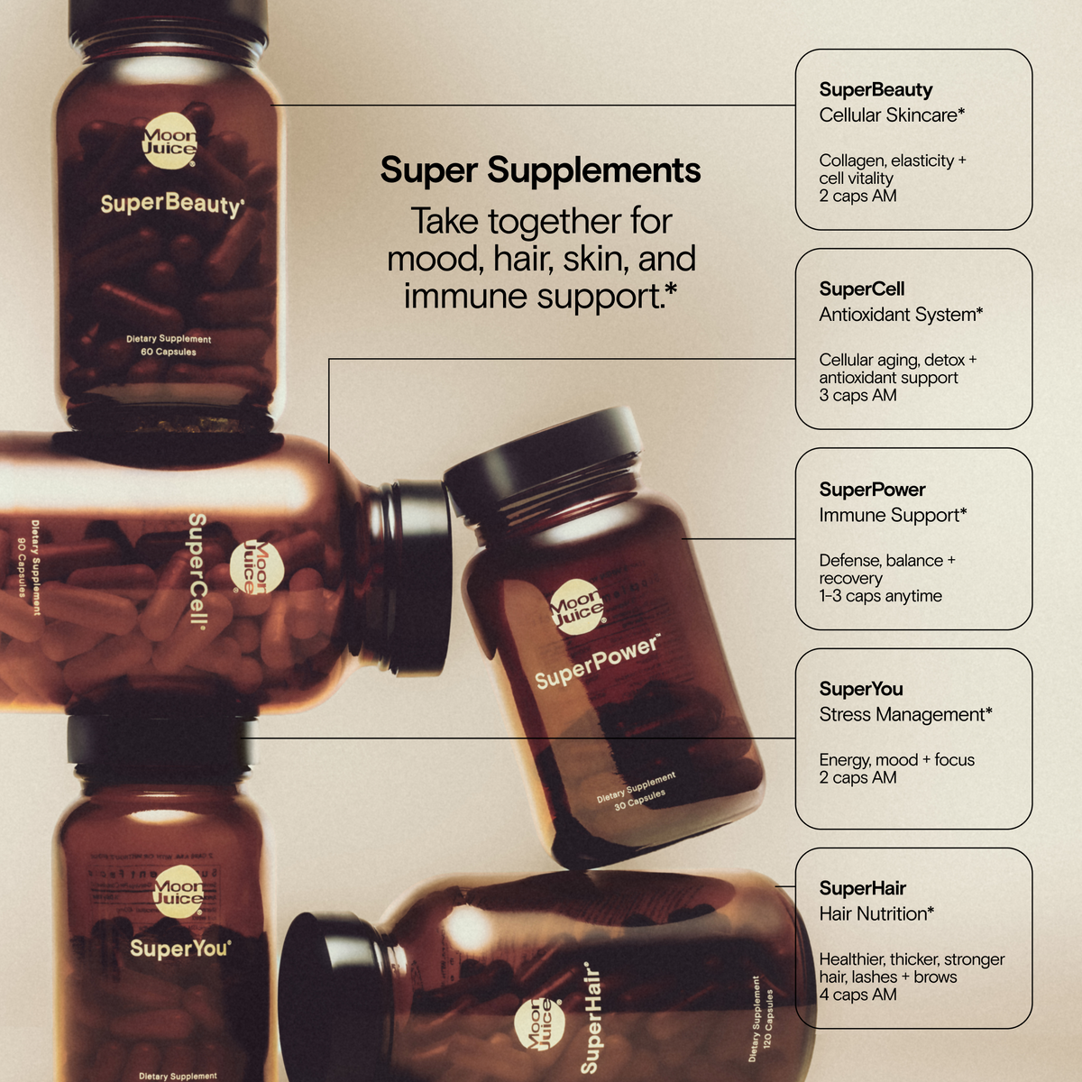 Super Supplements group showing several amber glass supplement bottles arranged in a collage with callout labels for different formulas: SuperBeauty, SuperCell, SuperPower, SuperYou, and SuperHair. The bottles are dark amber with white labeling and the background is a warm beige gradient.