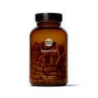 An amber glass supplement bottle with a black cap, filled with brown capsules, labeled 'Moor Juice SuperCell' on a clean white background.