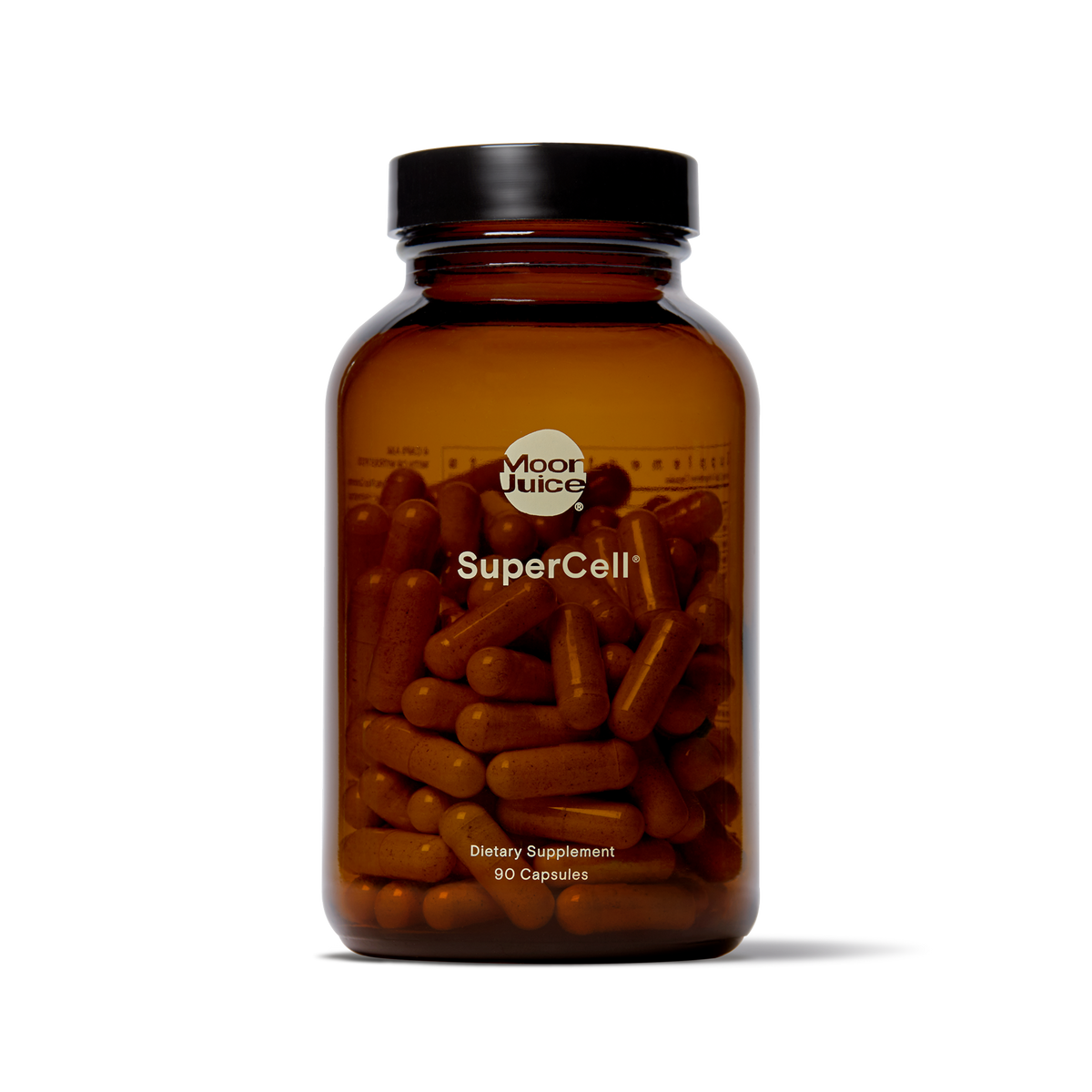 An amber glass supplement bottle with a black cap, filled with brown capsules, labeled 'Moor Juice SuperCell' on a clean white background.