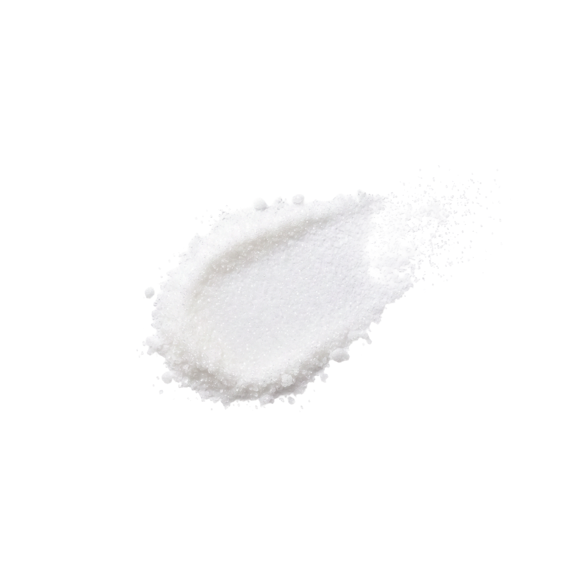A small pile of white granulated powder, such as sugar or salt, photographed on a seamless white background.
